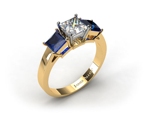 18k Yellow Gold Three Stone Princess Shaped Blue Sapphire Engagement Ring